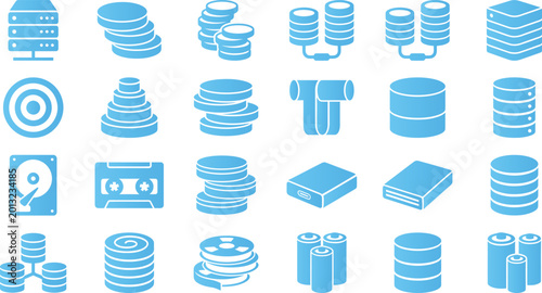 Photography Collection of blue data storage and hard drive icons with databases servers and memory devices