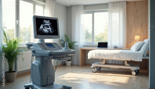 Medical ultrasound device with baby image on screen in bright examination room. Modern clinic setting features examination bed desk and plants. Healthcare diagnostic equipment.