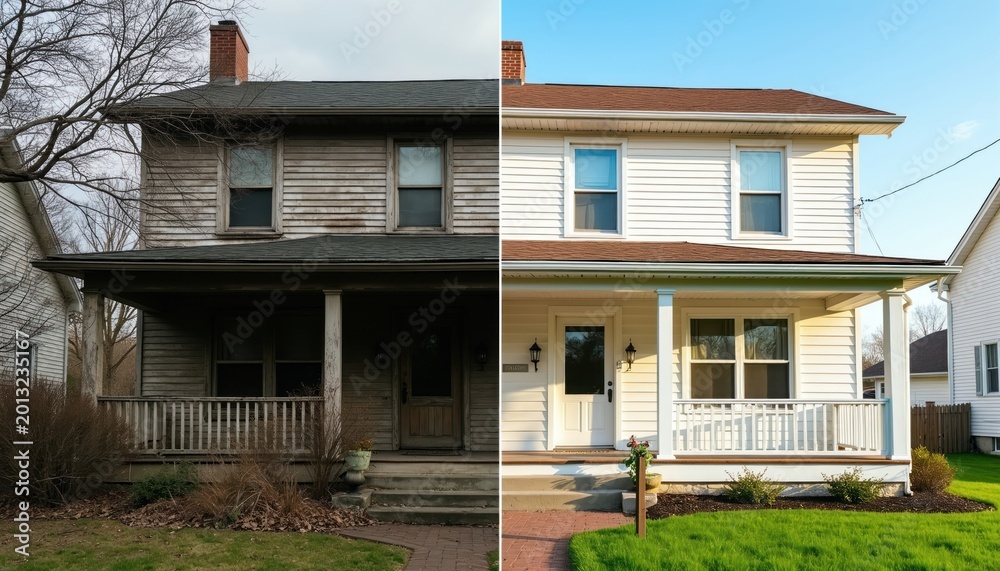 Fototapeta premium Side by side view shows old rundown house before and bright renovated home after. Improved exterior features clean white siding, new porch, and fresh lawn. Property transformation complete.