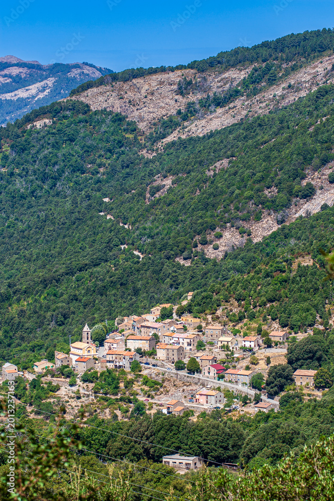 Obraz premium Typical hilltop village Cristinacce, a hillside town nestled in the mountains, a commune in the Corse-du-Sud on the island of Corsica, France. The village in its green setting in the Tavulella valley.