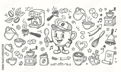 Vector doodle set of coffee cup mascots with cafe equipment and tools. Hand-drawn black line art collection of cartoon coffee characters on a white background