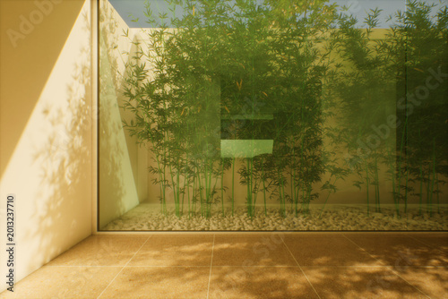 Bamboo plants behind glass wall of indoor corridor in a modern house. 3D still render.