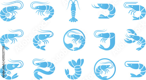 Tableau sur toile Set of blue shrimp icons in various poses and styles representing seafood, ocean life and culinary dishes beautifully