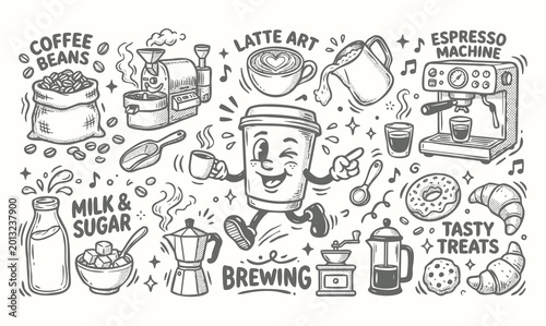 Vector doodle set of coffee cup mascots with cafe equipment and tools. Hand-drawn black line art collection of cartoon coffee characters on a white background