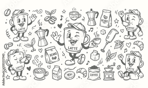 Vector doodle set of coffee cup mascots with cafe equipment and tools. Hand-drawn black line art collection of cartoon coffee characters on a white background