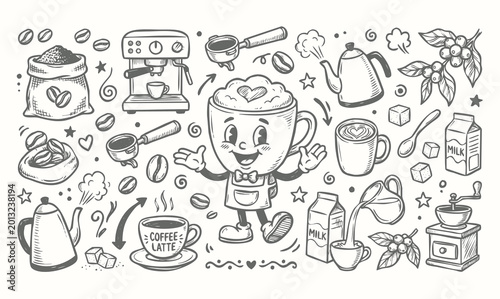 Vector doodle set of coffee cup mascots with cafe equipment and tools. Hand-drawn black line art collection of cartoon coffee characters on a white background