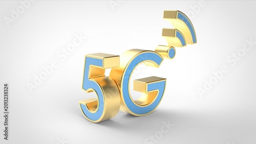 Gold 5G Symbol with Wireless Signal Icon, Modern Mobile Network Technology 3D Render.