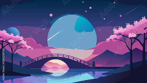 Fantasy landscape, serene bridge, pink cherry blossom trees, purple night sky, vector illustration