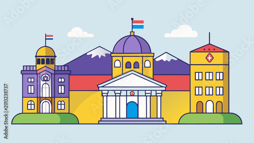 Colorful buildings, cityscape, illustration, landmarks, architecture