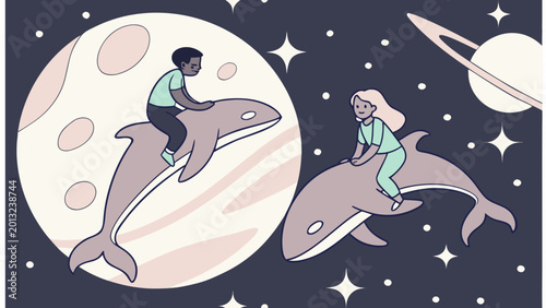 Whimsical space scene, people riding dolphins, celestial background, fantasy illustration, space travel