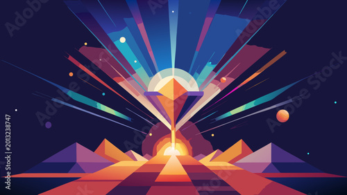 Geometric abstract, futuristic landscape, vibrant colors, vector illustration, digital art
