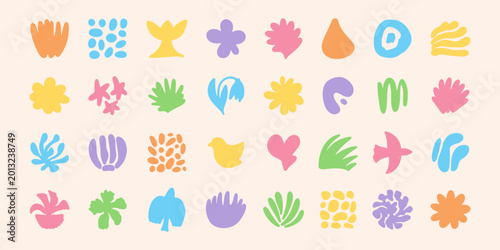 Abstract organic shapes collection in memphis style. Colorful naive vector set with floral elements, handdrawn blobs, geometric symbols and modern cutout forms for branding design