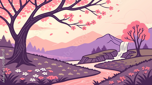 Vector serene landscape, cherry blossom tree, mountain range, purple pink hues, scenic illustration