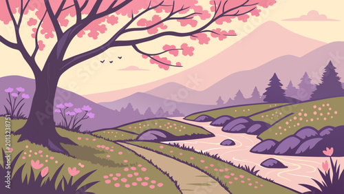 Vector landscape illustration, serene mountain scenery, pink cherry blossom tree, winding stream, purple mountains