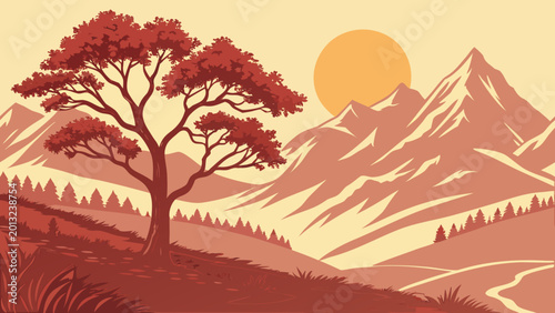 Vector landscape illustration, mountain range, tree, sunset, orange hues, scenic view