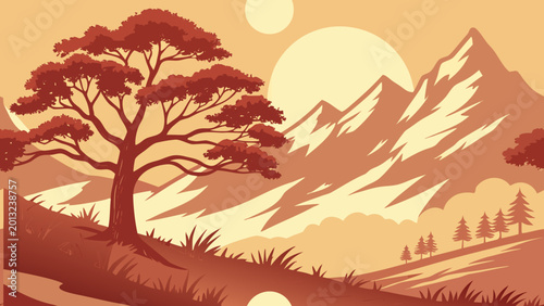 Sunset mountain landscape, serene nature scenery, vector illustration, orange hues