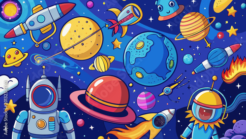 Colorful space icons, astronaut illustrations, planets and rockets, cartoon astronomy symbols, vector graphics