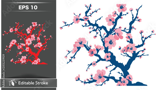 Vector pink cherry blossom tree on white background with blue branches