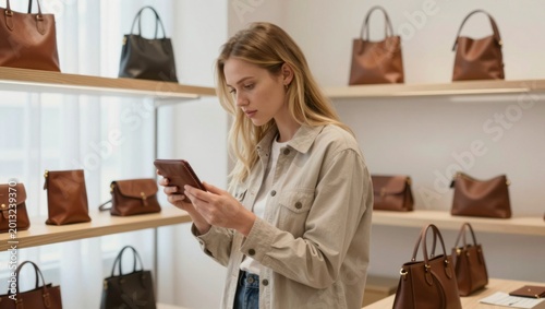 Woman using smartphone while browsing leather bags shop
