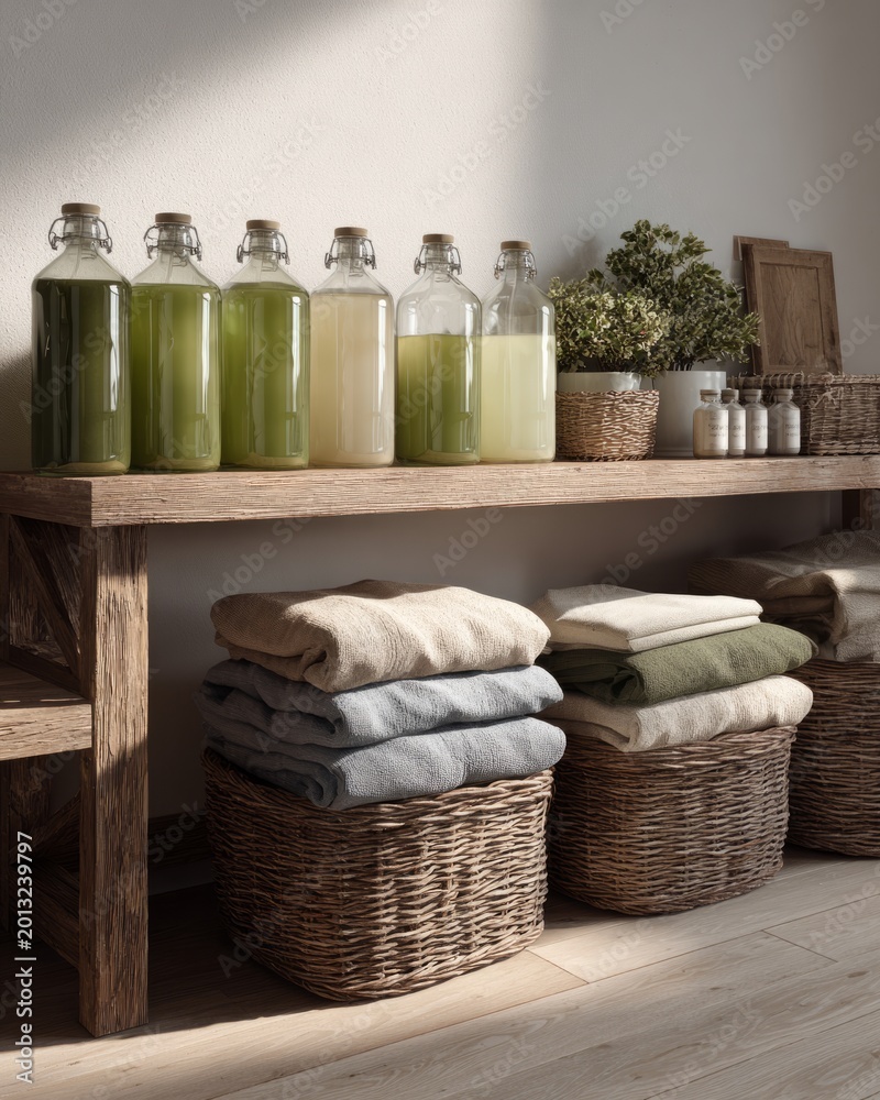 Fototapeta premium Eco-Friendly Laundry Shelf with Refill Bottles and Folded Linens in Wicker Baskets