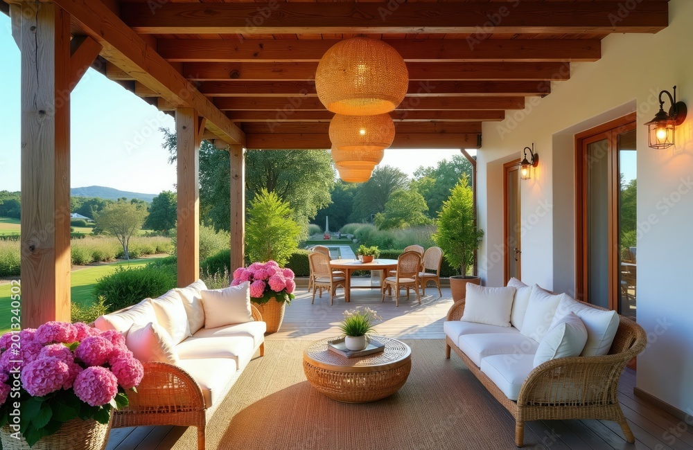 Naklejka premium Inviting covered patio with rattan seating group and dining table overlooks green countryside hills. Bright sunny day with lush flower pots and woven pendant lights.