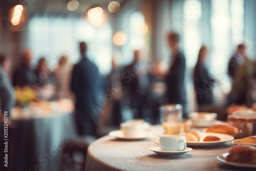 Blurred breakfast networking event with professionals enjoying morning coffee, exchanging ideas, and socializing in a warm, bright, collaborative business environment.