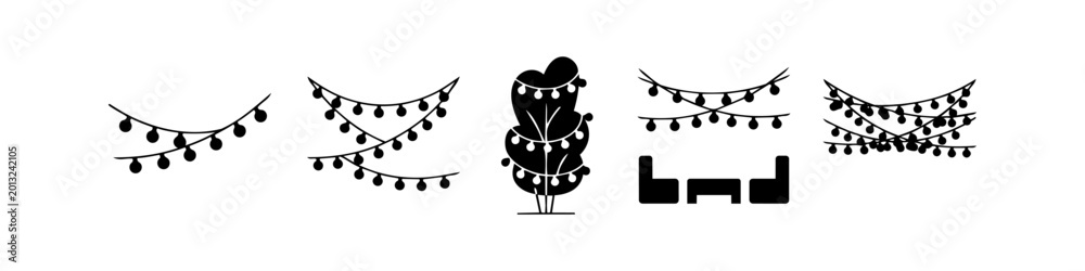 Fototapeta premium Set of black silhouette icons featuring festive outdoor string lights, decorated trees, and patio furniture scenes. Ideal for event planning, garden design, and wedding invitation graphics.