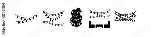 Set of black silhouette icons featuring festive outdoor string lights, decorated trees, and patio furniture scenes. Ideal for event planning, garden design, and wedding invitation graphics.