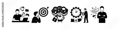 Bild auf Leinwand Set of minimalist black and white icons illustrating productivity, focus, time management, self-discipline, and mental resilience concepts for personal and professional growth