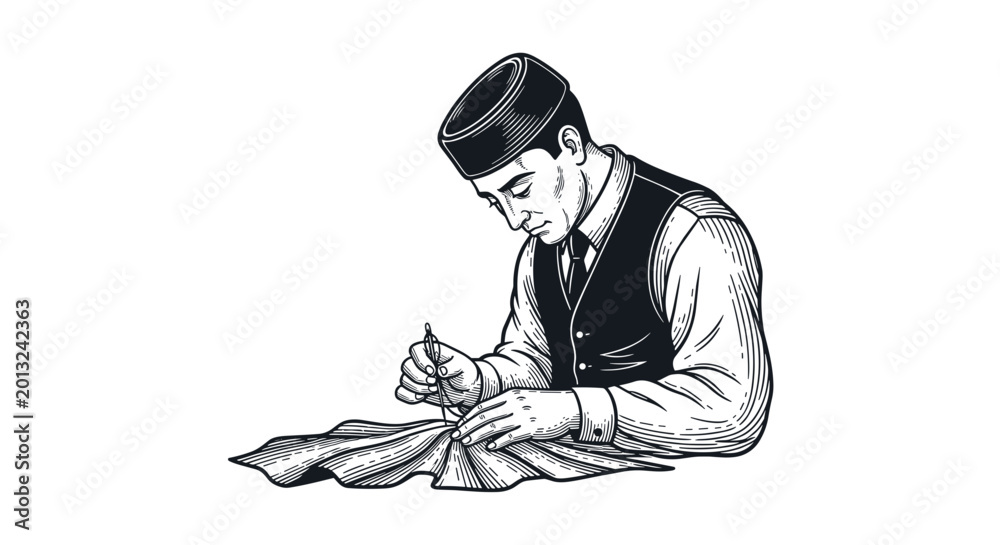 Obraz premium Man in traditional clothing sewing fabric with needle