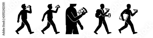 Set of black silhouette icons depicting people walking while eating pizza slices and carrying takeaway boxes, perfect for street food and fast-food concepts.