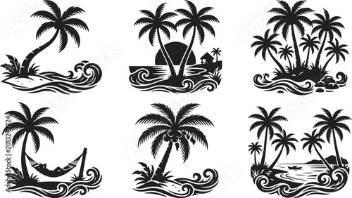 Cuadro en lienzo Tropical island scenery with palm trees waves and boats on beach shoreline