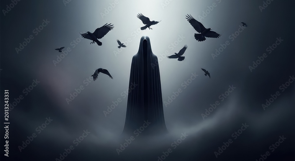 Fototapeta premium A tall dark cloaked shape remains motionless in a dense haunting mist as several black birds circle within a cold and gloomy atmosphere, ravens, darkness, spooky