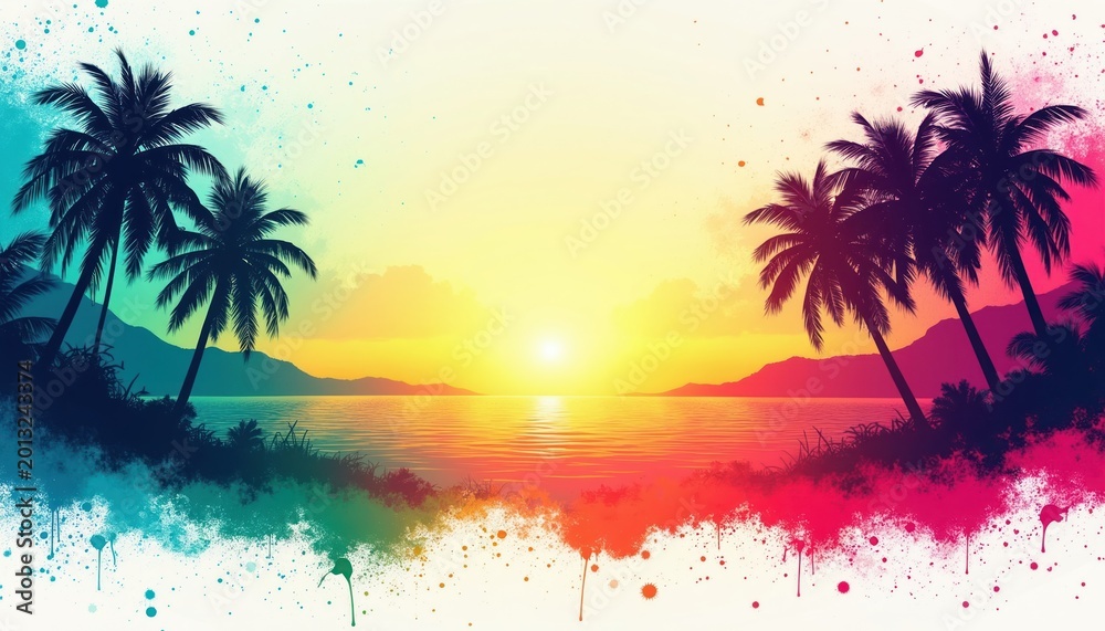 Fototapeta premium Silhouettes of palm trees border tropical ocean at vibrant sunset. Colorful paint splatters add abstract effect to beach scene. Sunny horizon over calm water.