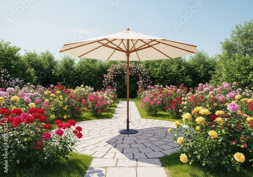A sun-drenched garden features a premium large cream umbrella over a stone patio surrounded by vibrant roses and lush greenery in full bloom, terrace, sunshine, petal