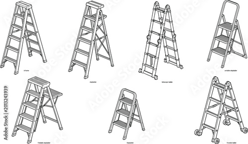 Comprehensive Collection of Industrial and Household Ladder Icons Including Telescopic Stepladder and Portable A Frame Models for Construction