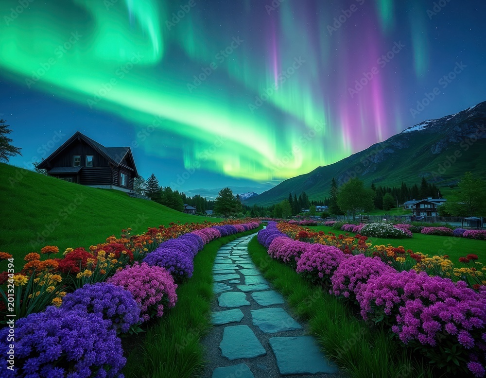 Fototapeta premium Stone path winds through vibrant flower beds under green purple aurora borealis sky. Log house on grassy hill, mountains in distance. Peaceful summer night in village.
