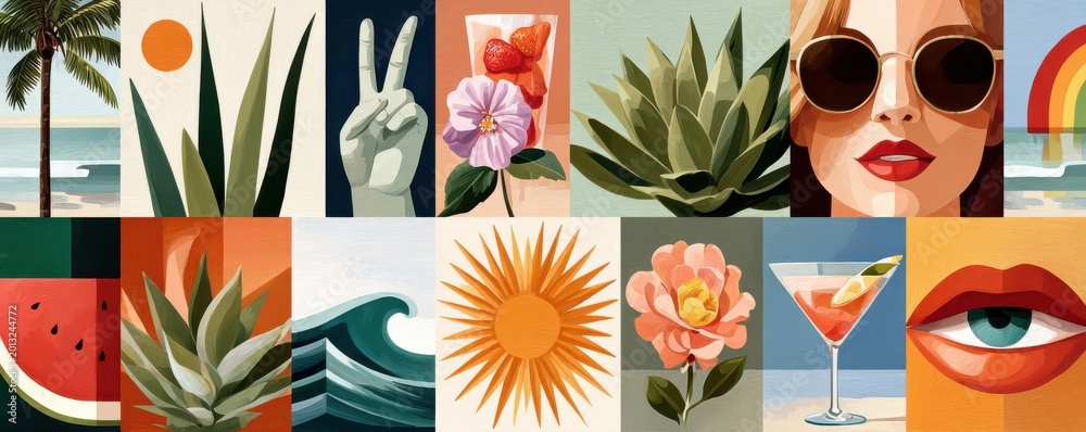 Fototapeta premium Vibrant colorful graphic art grid collage of summer icons and retro beach illustrations