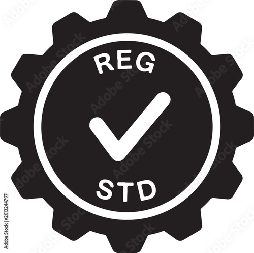 Photos Black gear icon with white checkmark, REG STD text, industrial cog symbol, verif