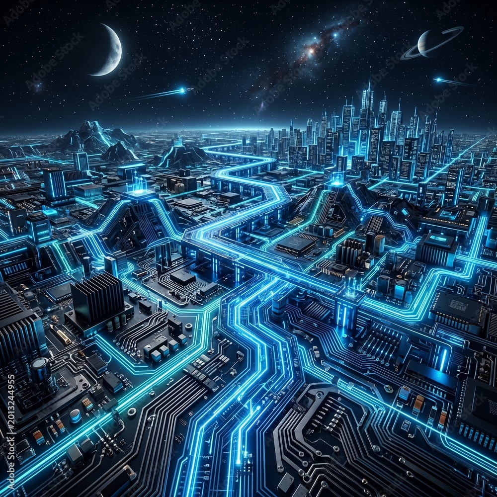 Fototapeta premium Futuristic Smart City with Glowing Blue Data Highways and Neon Circuit Lines Representing High-Speed Internet and Digital Connectivity.
