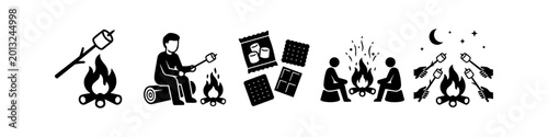 Billede på lærred Minimalist black and white vector icons depicting camping scenes, roasting marshmallows over a campfire, and s'mores ingredients