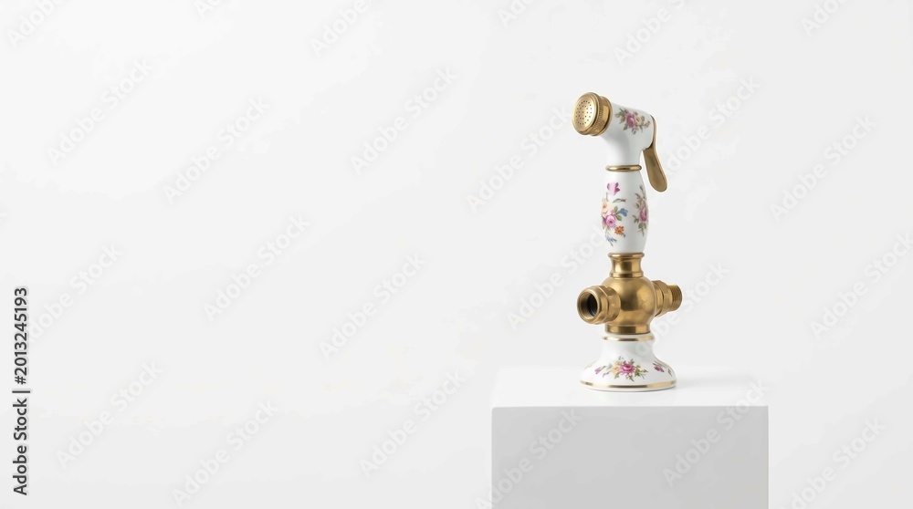 Obraz premium Vintage Bidet Sprayer with Floral Porcelain Handle and Brass Fixture