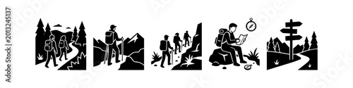 Quadro em tela Set of black and white vector icons depicting hiking, mountain trekking, and outdoor adventure