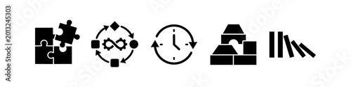 Photos Set of minimalist black business icons including a puzzle, cyclic process, clock, building blocks, and falling dominoes representing strategy, efficiency, and growth