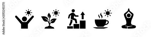 Φωτογραφία A set of minimalist black icons representing a healthy morning routine, including waking up, growth, progress, coffee, and meditation, on a white background
