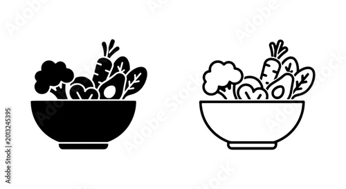 Healthy Salad Icons, Fresh Food Vector Graphics, Organic Ingredients Bowl Set