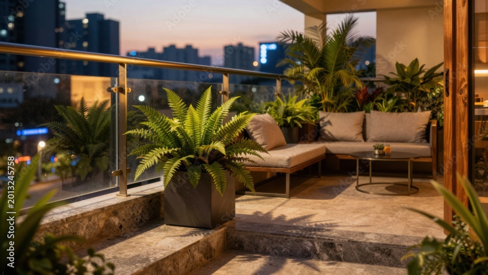 Naklejka premium Urban balcony lounge with plants overlooking city skyline