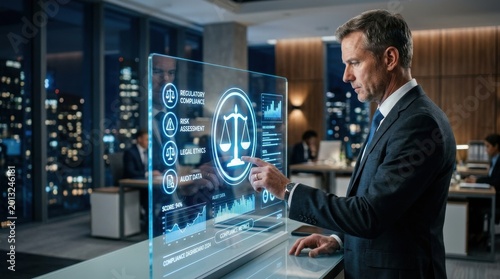 Businessman interacting with a digital justice scale interface on a sleek glass screen in a modern law office. He is shown from