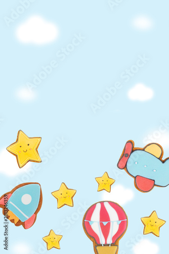 Cute Cookie Shapes with Clouds on Blue Background