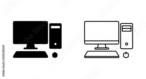 Desktop Computer Icons, Black and White, Vector Graphics for Technology and Business